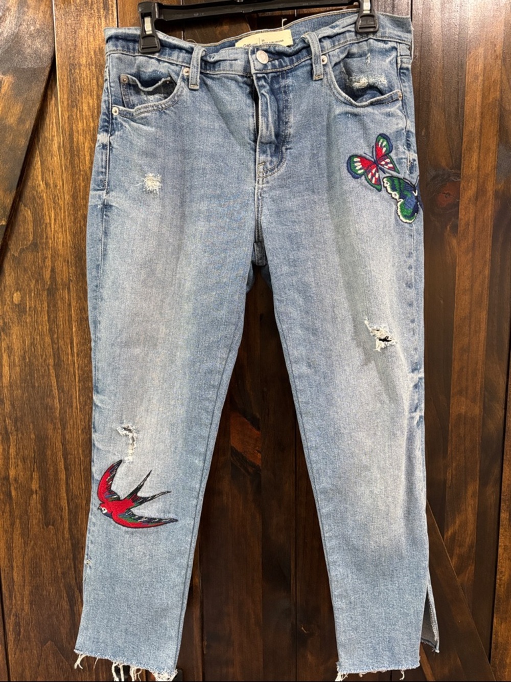 Gap 1969 Embroidered Girlfriend Jeans Raw Hem Ankle Slit‎ Denim